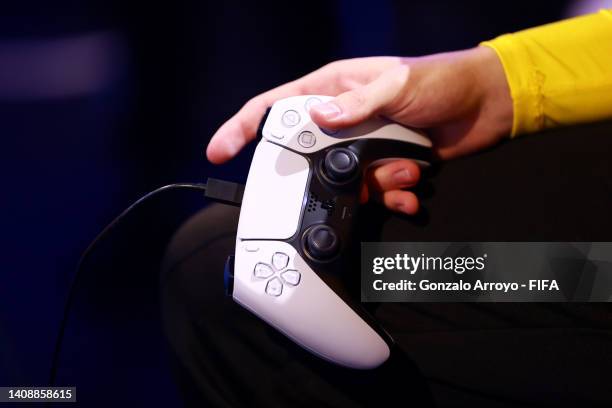 Detail view of a PS5 controller during the FIFAe World Cup 2022 group stage as part of the FIFAe Finals 2022 on July 15, 2022 in Copenhagen, Denmark.