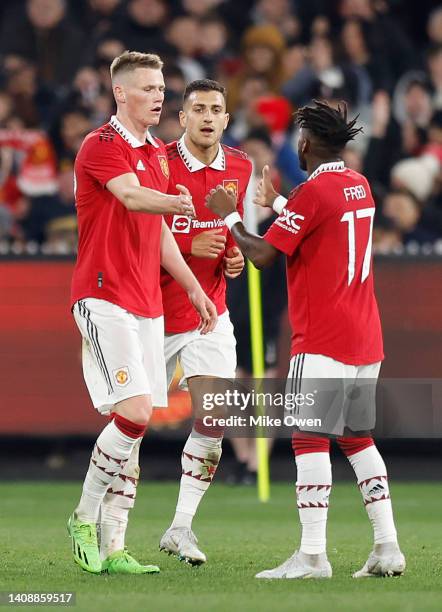 Scott McTominay of Manchester United celebrates with teammate Fred after scoring a goal during the Pre-Season friendly match between Melbourne...