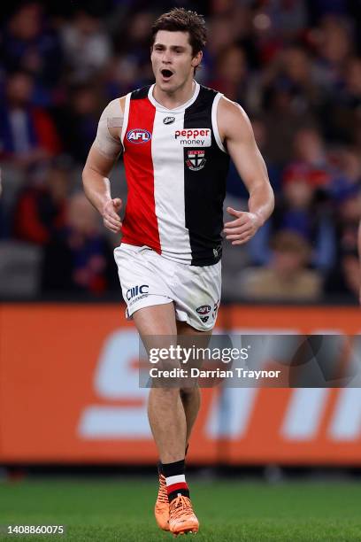 Jack Steele of the Saints celebrates a goal during the round 18 AFL match between the Western Bulldogs and the St Kilda Saints at Marvel Stadium on...