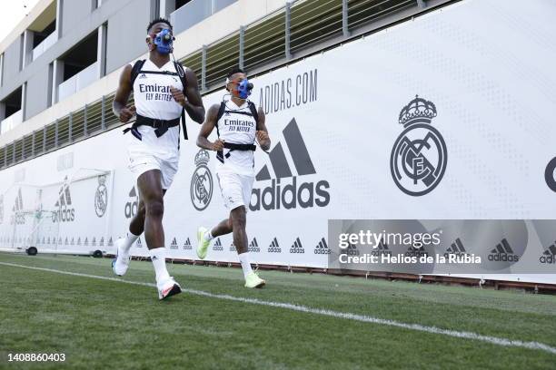 Vinicius jr. And Éder Militao of Real Madrid are trianing at Valdebebas training ground on July 15, 2022 in Madrid, Spain.
