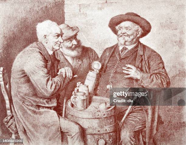 three men from munich in the hofbräuhaus at a barrel table, with beer tankards - men drinking beer stock illustrations