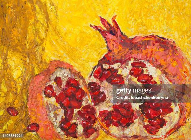 illustration oil painting still life red pomegranate fruit and ripe pomegranate berries on a sunny yellow background - gouache stock illustrations