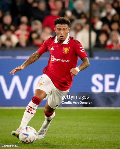 Jadon Sancho of Manchester United in action during the pre-season friendly match between Melbourne Victory and Manchester United at Melbourne Cricket...