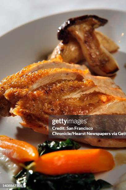 The roast chicken with celeriac, leek and porcini mushroom served at the new Quince restaurant in San Francisco, Calif. Quince has moved into the old...