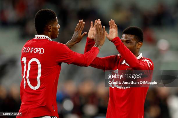 Marcus Rashford of Manchester United celebrates a goal during the Pre-Season friendly match between Melbourne Victory and Manchester United at...