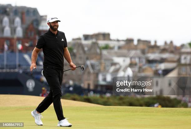 Dustin Johnson of the United States acknowledges the crowd on the 16th green during Day Two of The 150th Open at St Andrews Old Course on July 15,...