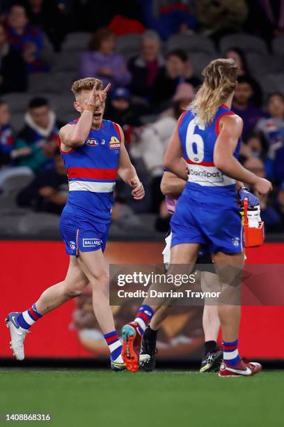 Adam Treloar of the Bulldogs is celebrates a goal during the round 18 AFL match between the Western Bulldogs and the St Kilda Saints at Marvel...