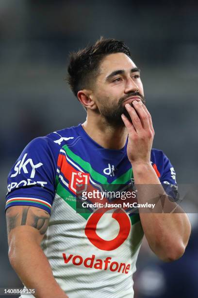 Shaun Johnson of the Warriors reacts during the round 18 NRL match between the Parramatta Eels and the New Zealand Warriors at CommBank Stadium on...