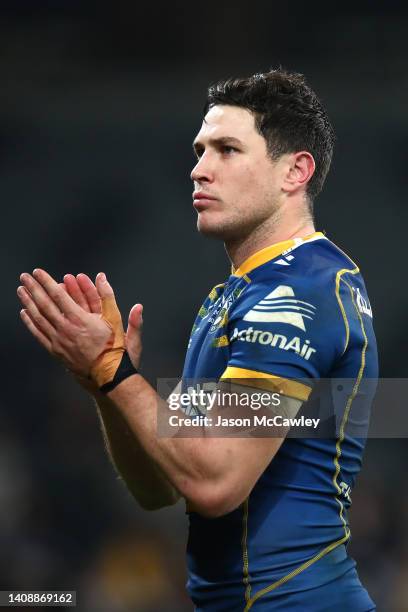 Mitchell Moses of the Eels thanks the crowd after the round 18 NRL match between the Parramatta Eels and the New Zealand Warriors at CommBank Stadium...