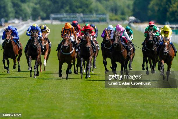 Jim Crowley riding Tarjeeh win The R & M Electrical EBF Novice Stakes at Newbury Racecourse on July 15, 2022 in Newbury, England.