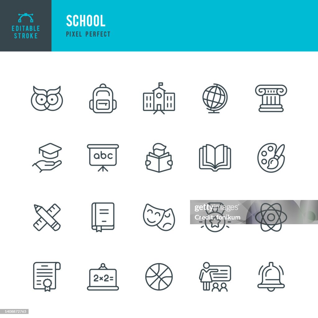 Schule - Linienvektor-Symbolsatz. Pixel perfekt. Bearbeitbarer Strich. Das Set enthält ein Schulgebäude, Bildung, Lehrer, Klassenzimmer, Gymnasium, Universität, Tafel, Diplom, Mörtelplatte, Eule, Rucksack, Globus, Mathematik, Physik, Medaille, Pinsel,