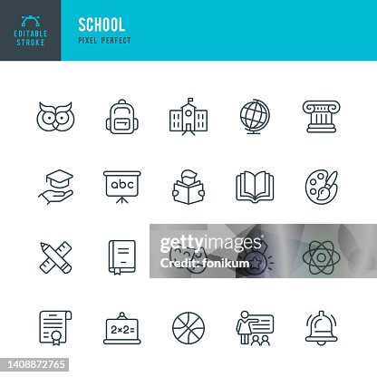Escuela - conjunto de iconos vectoriales de línea. Píxel perfecto. Trazo editable. El conjunto incluye un edificio escolar, educación, maestro, aula, escuela secundaria, universidad, pizarra, diploma, mortero, búho, mochila, globo, matemáticas, físic Escuela - conjunto de iconos vectoriales de línea. Píxel perfecto. Trazo editable. El conjunto incluye un edificio escolar, educación, maestro, aula, escuela secundaria, universidad, pizarra, diploma, mortero, búho, mochila, globo, matemáticas, físic