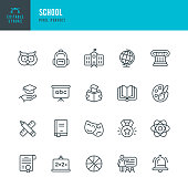 School - line vector icon set. Pixel perfect. Editable stroke. The set includes a School Building, Education, Teacher, Classroom, High School, University, Chalkboard, Diploma, Mortarboard, Owl, Backpack, Globe, Mathematics, Physics, Medal, Paintbrush, Bel