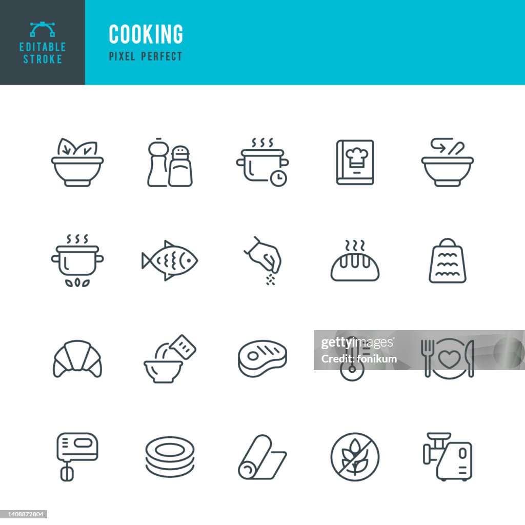 Cooking - line vector icon set. Pixel perfect. Editable stroke. The set includes a Cooking, Preparing Food, Bakery, Bread, Salad, Fish, Meat, Healthy Eating, Sweet Food, Cookbook, Kitchen Utensil, Wax Paper, Spice.