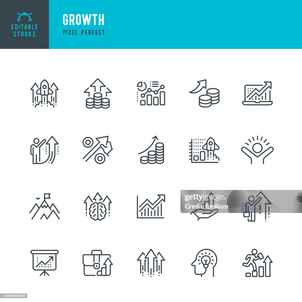 Wachstum - Linienvektor-Symbolsatz. Pixel perfekt. Bearbeitbarer Strich. Das Set enthält ein persönliches Wachstum, Umsatzwachstum, Raketenstart, prozentuales Wachstum, Präsentation, Investition, Berggipfel, positive Emotionen, Aufwärtsbewegungen.