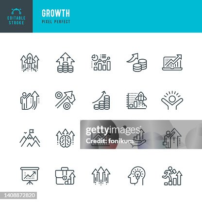 Crecimiento: conjunto de iconos vectoriales de línea. Píxel perfecto. Trazo editable. El conjunto incluye un crecimiento personal, crecimiento de ingresos, lanzamiento de cohetes, crecimiento porcentual, presentación, inversión, mountain peak, emoción Crecimiento: conjunto de iconos vectoriales de línea. Píxel perfecto. Trazo editable. El conjunto incluye un crecimiento personal, crecimiento de ingresos, lanzamiento de cohetes, crecimiento porcentual, presentación, inversión, mountain peak, emoción