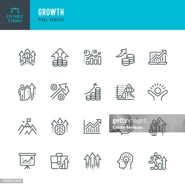 stockillustraties, clipart, cartoons en iconen met growth - line vector icon set. pixel perfect. editable stroke. the set includes a personal growth, revenue growth, rocket launch, percentage growth, presentation, investment, mountain peak, positive emotion, moving up. - geld verdienen