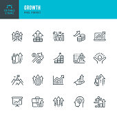 Growth - line vector icon set. Pixel perfect. Editable stroke. The set includes a Personal Growth, Revenue Growth, Rocket Launch, Percentage Growth, Presentation, Investment, Mountain Peak, Positive Emotion, Moving Up.