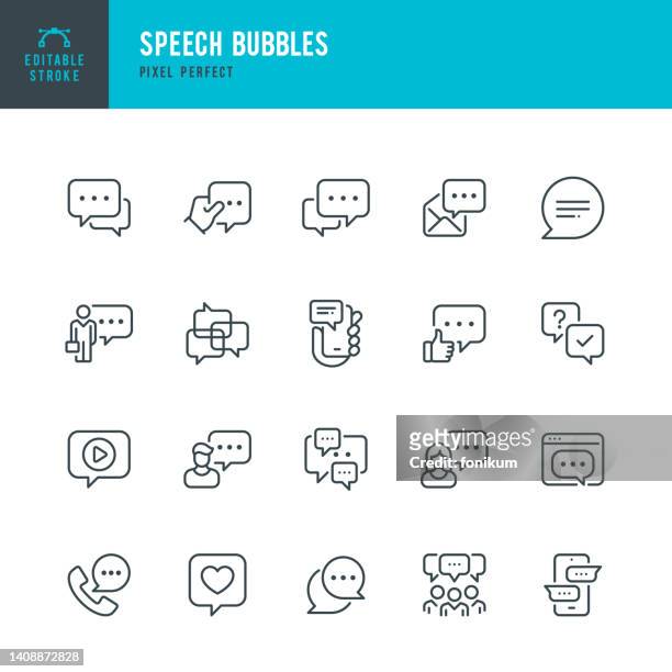 ilustrações, clipart, desenhos animados e ícones de speech bubbles - conjunto de ícones vetoriais de linha. pixel perfeito. golpe editável. o conjunto inclui uma bolha de fala, mensagens online, bolha, mensagem, discussão, comunicação, fala, comunidade. - motivo a onde