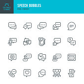 Speech Bubbles - line vector icon set. Pixel perfect. Editable stroke. The set includes a Speech Bubble, Online Messaging, Bubble, Message, Discussion, Communication, Speech, Community.