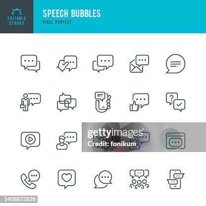 Speech Bubbles - line vector icon set. Pixel perfect. Editable stroke. The set includes a Speech Bubble, Online Messaging, Bubble, Message, Discussion, Communication, Speech, Community. Speech Bubbles - line vector icon set. Pixel perfect. Editable stroke. The set includes a Speech Bubble, Online Messaging, Bubble, Message, Discussion, Communication, Speech, Community.