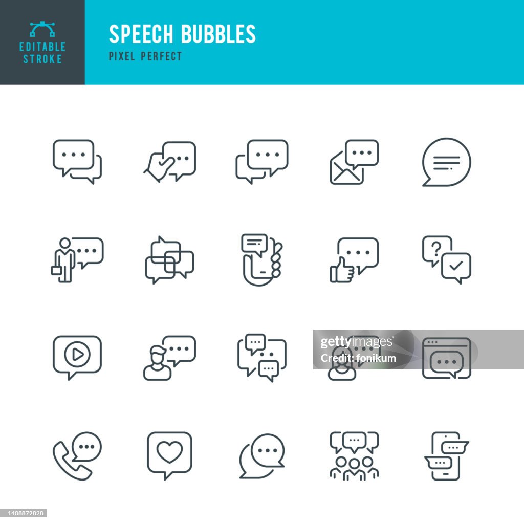 Speech Bubbles - line vector icon set. Pixel perfect. Editable stroke. The set includes a Speech Bubble, Online Messaging, Bubble, Message, Discussion, Communication, Speech, Community.