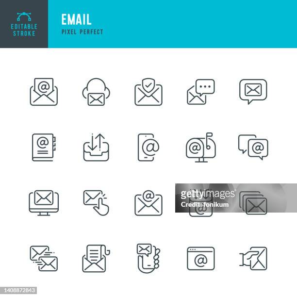 e-mail - linienvektorsymbol gesetzt. pixel perfekt. bearbeitbarer strich. das set enthält eine e-mail, einen brief, ein adressbuch, eine mailbox, einen umschlag, ein abonnement, eine nachricht, eine korrespondenz. - brief icon stock-grafiken, -clipart, -cartoons und -symbole