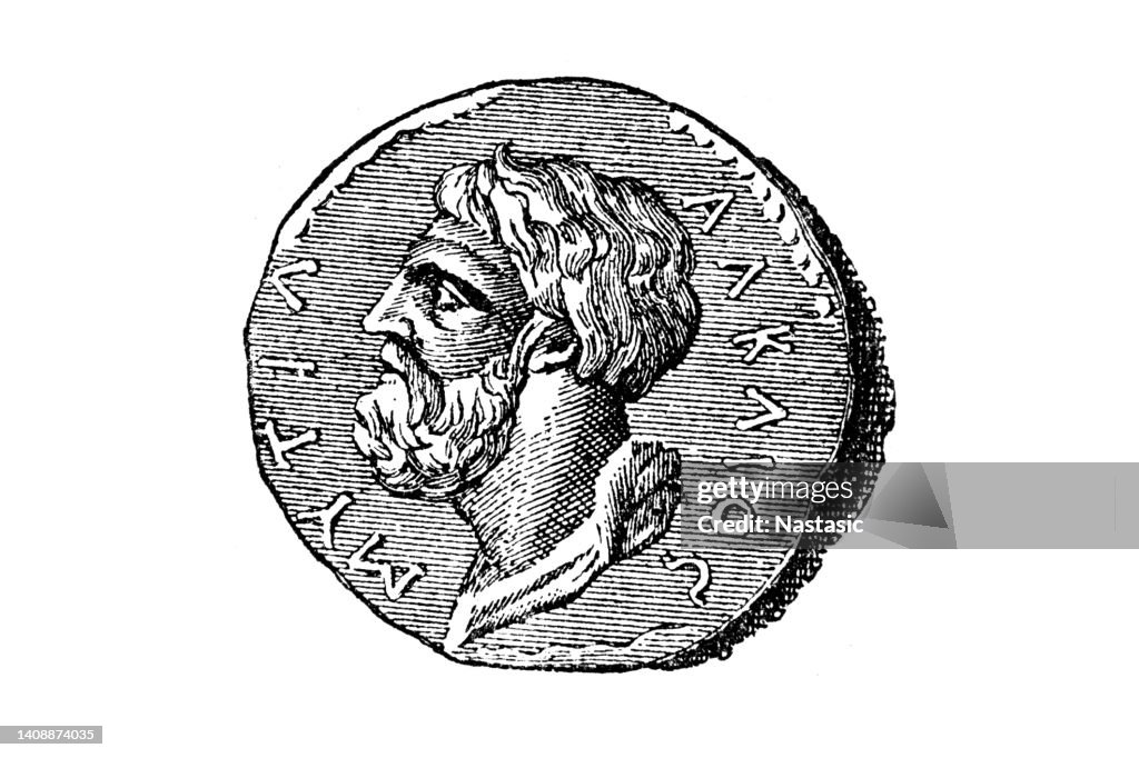 Ancient coin showing the head of the Greek poet Alcaeus of Mytilene (621–560 BC).