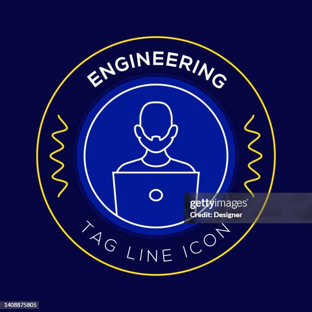 computer engineering circle badge, modern logo vector icon design line style - engineer looking at screen stock illustrations