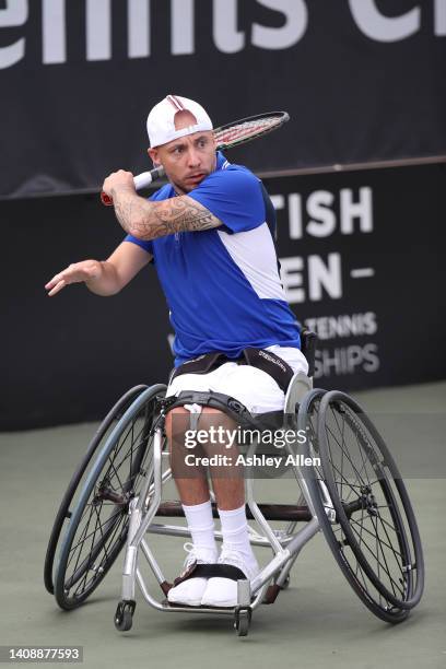 Andy Lapthorne of Great Britain plays a backhand during his match against Robert Shaw of Canada on Day Four of the British Open Wheelchair Tennis...