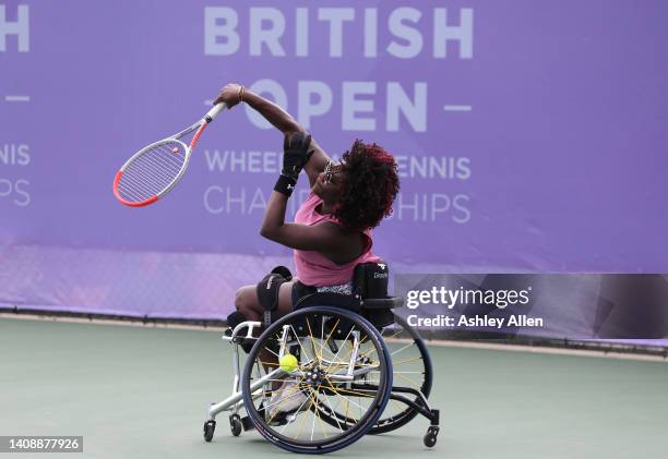 Mariam Ayeni of Great Britain serves during her match against Elizabeth Williams of the USA on Day Four of the British Open Wheelchair Tennis...