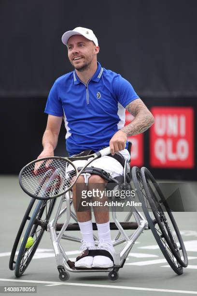 Andy Lapthorne of Great Britain reacts to the umpire's call during his match against Canada's Robert Shaw on Day Four of the British Open Wheelchair...