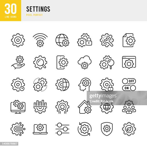 illustrations, cliparts, dessins animés et icônes de paramètres - jeu d’icônes vectorielles à ligne mince. 30 icônes. pixel parfait. l’ensemble comprend un engrenage, des paramètres, un glissement, un panneau de commande, une réparation, une clé, un support informatique, un outil de travail, un r� - software solutions