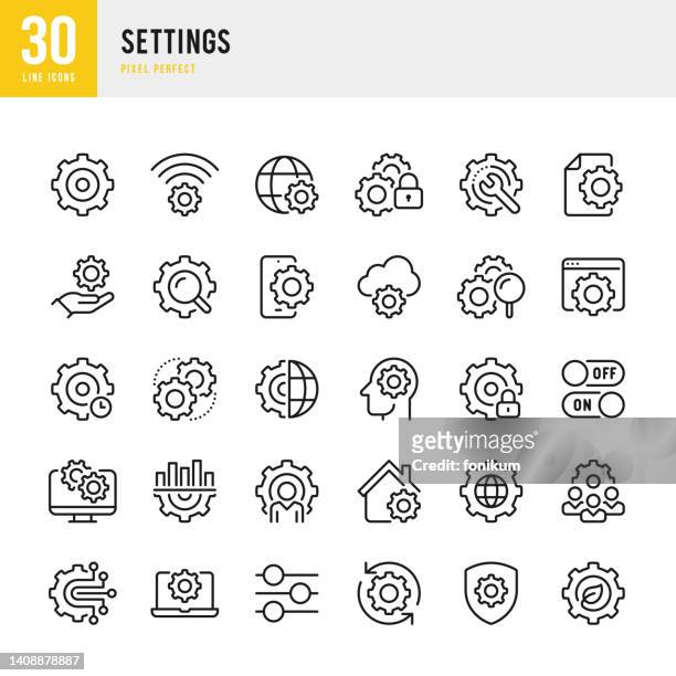 stockillustraties, clipart, cartoons en iconen met settings - thin line vector icon set. 30 icons. pixel perfect. the set includes a gear, settings, sliding, control panel, repairing, wrench, it support, work tool, setting, engineer, eco settings, solution, equalizer, personal settings, system file. - gear mechanism