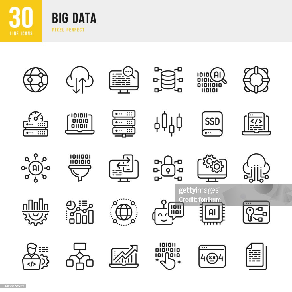 Big Data - conjunto de iconos vectoriales de línea delgada. 30 iconos. Píxel perfecto. El conjunto incluye un Análisis de Datos, Big Data, Cloud Computing, Programador de Computadoras, Servidor de Red, Inteligencia Artificial, Machine Learning, Alto Ren