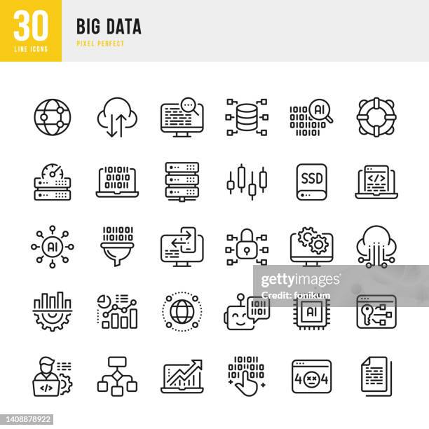 ilustrações, clipart, desenhos animados e ícones de big data - conjunto de ícones vetoriais de linha fina. 30 ícones. pixel perfeito. o conjunto inclui uma análise de dados, big data, cloud computing, programador de computador, servidor de rede, inteligência artificial, machine learning, alto desempenho - gerente