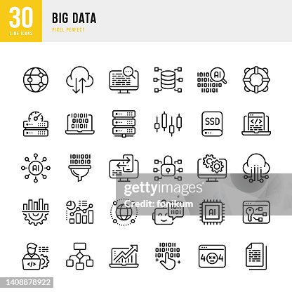 Big Data - thin line vector icon set. 30 icons. Pixel perfect. The set includes a Data Analyzing, Big Data, Cloud Computing, Computer Programmer, Network Server, Artificial Intelligence, Machine Learning, High Performance, Data Filtration, Network Securit Big Data - thin line vector icon set. 30 icons. Pixel perfect. The set includes a Data Analyzing, Big Data, Cloud Computing, Computer Programmer, Network Server, Artificial Intelligence, Machine Learning, High Performance, Data Filtration, Network Securit