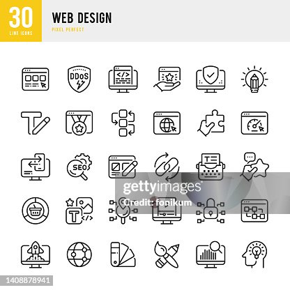 Web Design - Thin Line Vektor Icon Set. 30 Symbole. Pixel perfekt. Das Set enthält einen Webdesigner, Webseite, Texterstellung, Codierung, Farbmuster, SEO, DDoS-Schutz, hohe Leistung, Website-Sicherheit, Arbeitswerkzeuge, responsives Webdesign, Schreibmas Web Design - Thin Line Vektor Icon Set. 30 Symbole. Pixel perfekt. Das Set enthält einen Webdesigner, Webseite, Texterstellung, Codierung, Farbmuster, SEO, DDoS-Schutz, hohe Leistung, Website-Sicherheit, Arbeitswerkzeuge, responsives Webdesign, Schreibmas