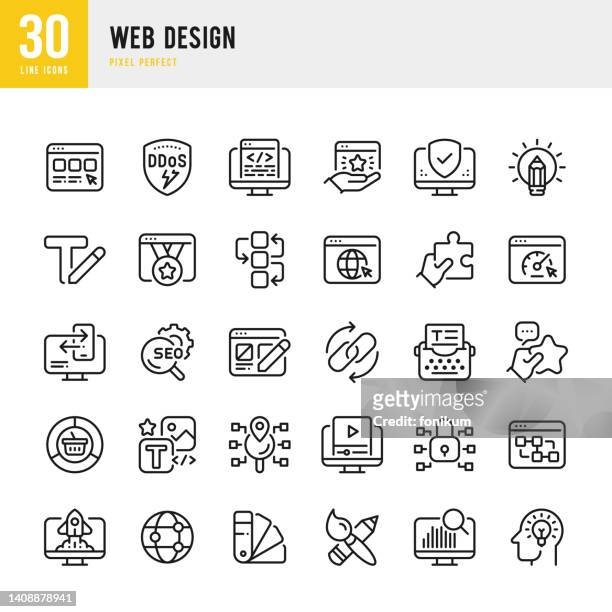 web design - thin line vektor icon set. 30 symbole. pixel perfekt. das set enthält einen webdesigner, webseite, texterstellung, codierung, farbmuster, seo, ddos-schutz, hohe leistung, website-sicherheit, arbeitswerkzeuge, responsives webdesign, schreibmas - content stock-grafiken, -clipart, -cartoons und -symbole