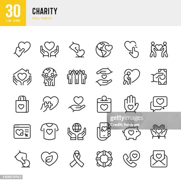 illustrazioni stock, clip art, cartoni animati e icone di tendenza di beneficenza - set di icone vettoriali a linea sottile. 30 icone. pixel perfetto. il set include un ente di beneficenza, assistenza, donazione di beneficenza, famiglia felice, cura, mano d'aiuto, volontario, forma del cuore, scatola di donazione, raccolta f - donazione
