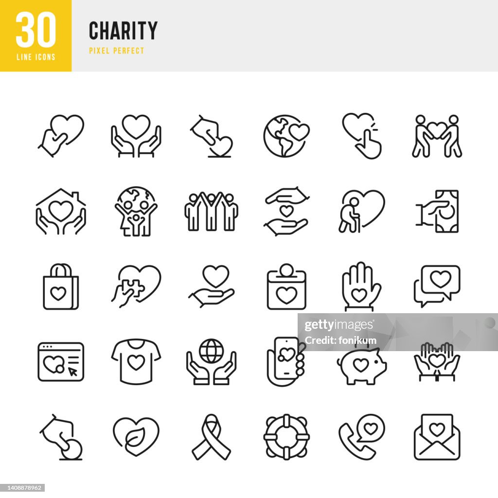 Charity - thin line vector icon set. 30 icons. Pixel perfect. The set includes a Charity, Assistance, Charitable Donation, Happy Family, Care, Helping Hand, Volunteer, Heart Shape, Donation Box, Fundraising, High-Five, Support.