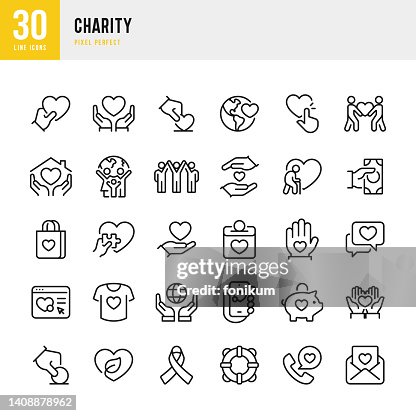 Charity - thin line vector icon set. 30 icons. Pixel perfect. The set includes a Charity, Assistance, Charitable Donation, Happy Family, Care, Helping Hand, Volunteer, Heart Shape, Donation Box, Fundraising, High-Five, Support. Charity - thin line vector icon set. 30 icons. Pixel perfect. The set includes a Charity, Assistance, Charitable Donation, Happy Family, Care, Helping Hand, Volunteer, Heart Shape, Donation Box, Fundraising, High-Five, Support.