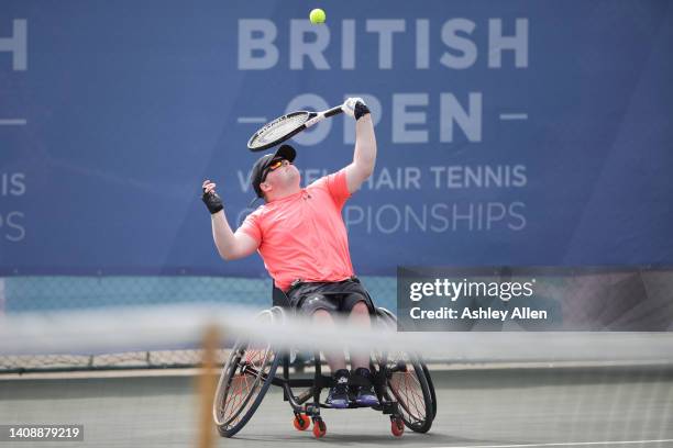 Nathan Freeman of Great Britain serves during Day Four of the British Open Wheelchair Tennis Championships at the Nottingham Tennis Centre on July...