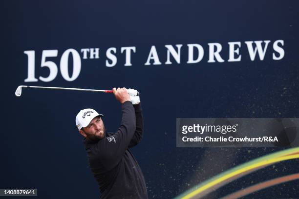Jon Rahm of Spain tees off on the 8th hole during Day Two of The 150th Open at St Andrews Old Course on July 15, 2022 in St Andrews, Scotland.