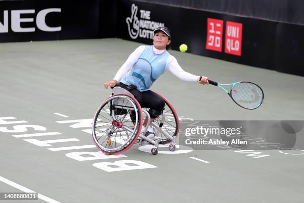 Zhenzhen Zhu of China plays a forehand shot during her match against Aniek Van Koot of The Netherlands on Day Four of the British Open Wheelchair...