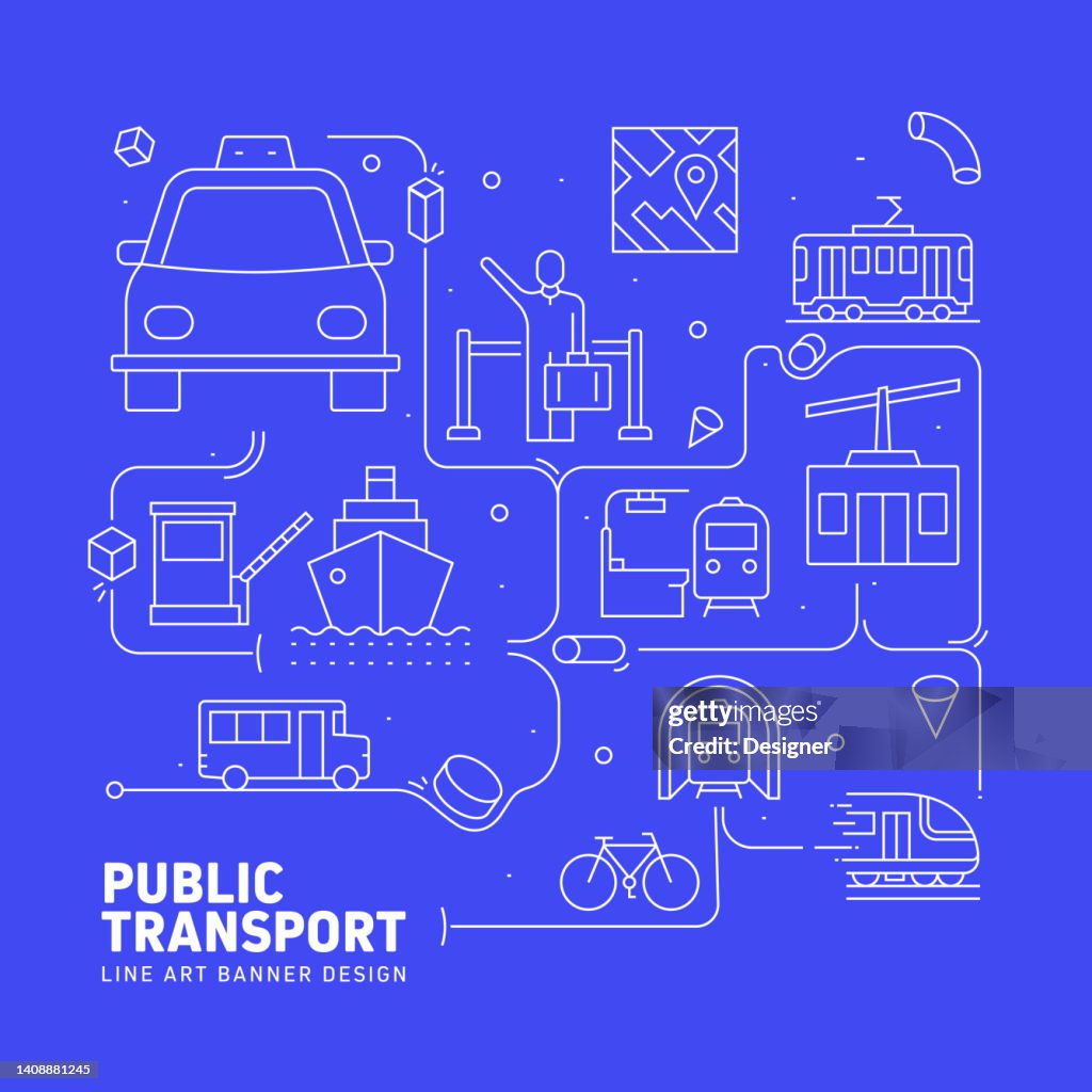 PUBLIC TRANSPORT Related Line Style Banner Design for Web Page, Headline, Brochure, Annual Report and Book Cover