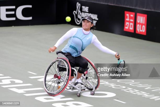 Zhenzhen Zhu of China plays a forehand shot during her match against Aniek Van Koot of The Netherlands on Day Four of the British Open Wheelchair...