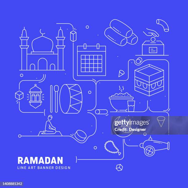 illustrations, cliparts, dessins animés et icônes de conception de bannière de style de ligne liée à ramadan pour page web, titre, brochure, rapport annuel et couverture de livre - ramadan kareem
