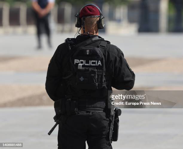 Policeman stands guard at the third State tribute to the victims of the coronavirus pandemic, in the Plaza de la Armeria of the Royal Palace, on 15...