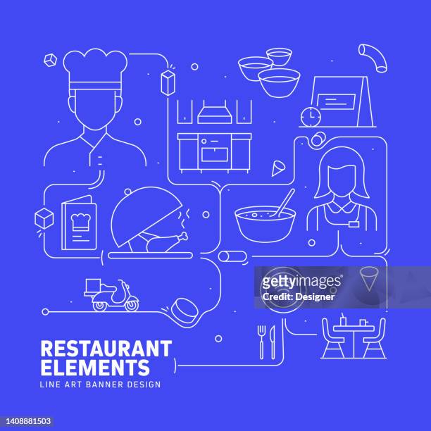 restaurant related line style banner design for web page, headline, brochure, annual report and book cover - appetizer stock illustrations